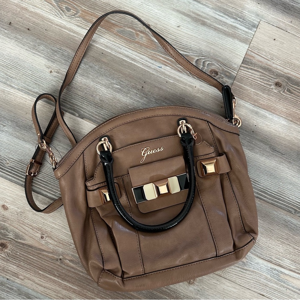 Guess Tan & Black Leather Crossbody Bag